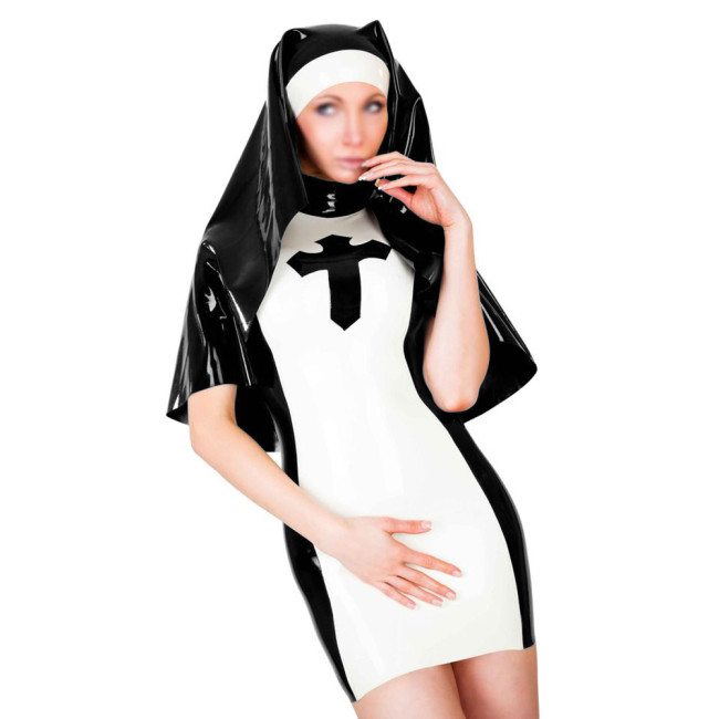 Unisex Sexy Bodycon Glossy PVC Leather Nun Cosplay Costume Short Sleeve High Neck Pencil Dress with Headgear Halloween Outfit
