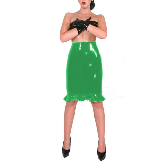 Sexy Women High Waist Frills Skirt Bodycon Knee-Length Ruffled Shiny PVC Skirt Nighclub Hot Glirs Stretch Skinny Pencil Skirts