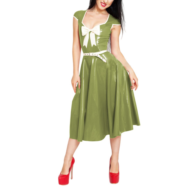 Glossy PVC Sweetheart Neck A-line Midi Dress with Belt Elegant Lady Short Sleeve Fit and Flared Dress Sexy Female Vintage Dress