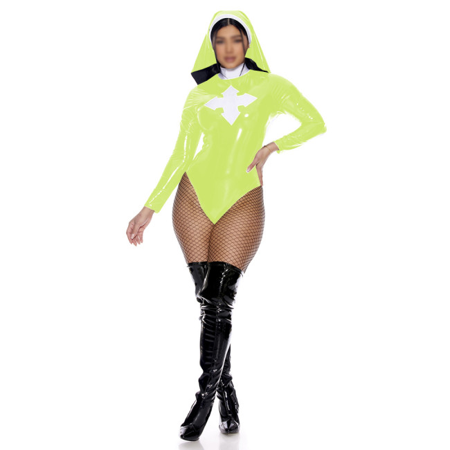 Exotic Hottie Sexy Nun Costume Shiny PVC Leather Long Sleeve Bodysuit with Nun Habit Headgear Halloween Party Cosplay Uniform