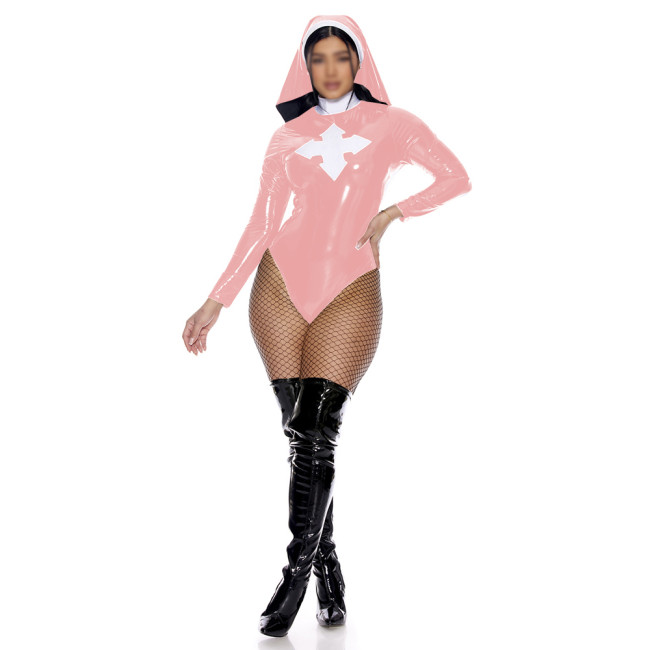 Exotic Hottie Sexy Nun Costume Shiny PVC Leather Long Sleeve Bodysuit with Nun Habit Headgear Halloween Party Cosplay Uniform