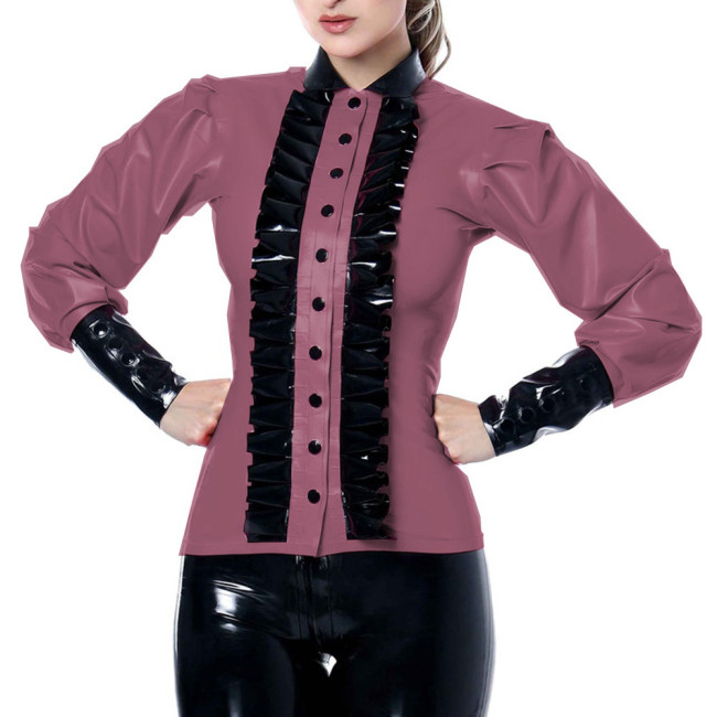 Fashion Patchwork Color Lapel Collar Shirt Women Sheath Tops PVC Leather Ruffles Slim Button-up Shirt Office Lady High Street