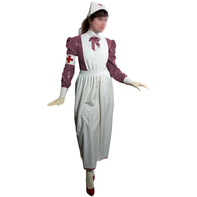 Novelty Glossy PVC Leather Nurse Long Dress with Apron Halloween Party Nurse Outfits Puff Long Sleeve Fancy Cosplay Uniforms