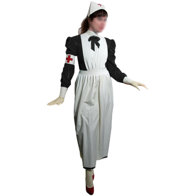 Novelty Glossy PVC Leather Nurse Long Dress with Apron Halloween Party Nurse Outfits Puff Long Sleeve Fancy Cosplay Uniforms