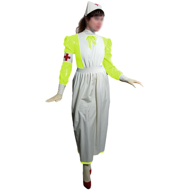 Novelty Glossy PVC Leather Nurse Long Dress with Apron Halloween Party Nurse Outfits Puff Long Sleeve Fancy Cosplay Uniforms