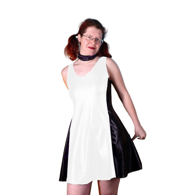 Shiny Sexy Women Tank Scoop Neck Black Patchwork Metallic Faux Leather Pleated A-line Skater Dress Party Club Night Dress S-7XL