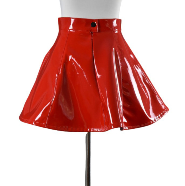 Punk Sexy Sweet Glazing PVC Leather High Waist A line Mini Skirts Women Button with Zip Skater Skirt Girls High Street Club 7XL