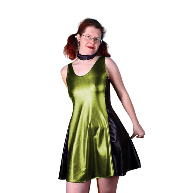 Shiny Sexy Women Tank Scoop Neck Black Patchwork Metallic Faux Leather Pleated A-line Skater Dress Party Club Night Dress S-7XL