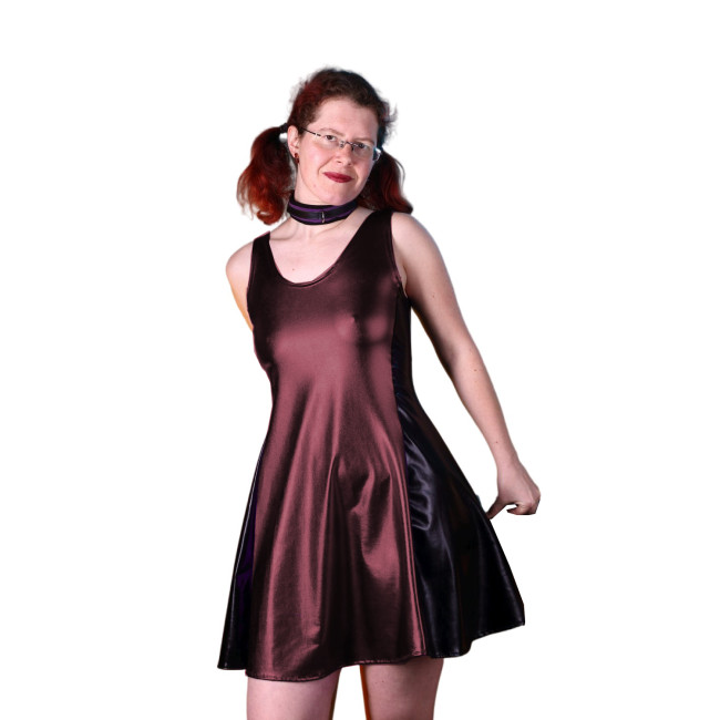 Shiny Sexy Women Tank Scoop Neck Black Patchwork Metallic Faux Leather Pleated A-line Skater Dress Party Club Night Dress S-7XL