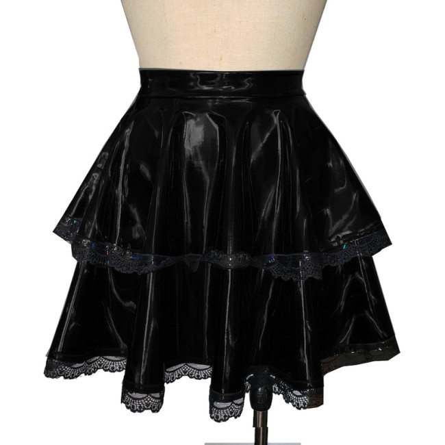 Shiny PVC Leather High Waist Mini Skirt Women Sexy Lace Macrame Two-layer Mini Skirt Sweet Sexy Party Club Punk Gothic S-7XL