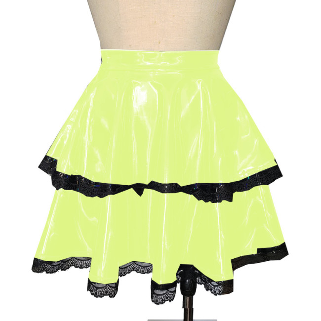 Shiny PVC Leather High Waist Mini Skirt Women Sexy Lace Macrame Two-layer Mini Skirt Sweet Sexy Party Club Punk Gothic S-7XL