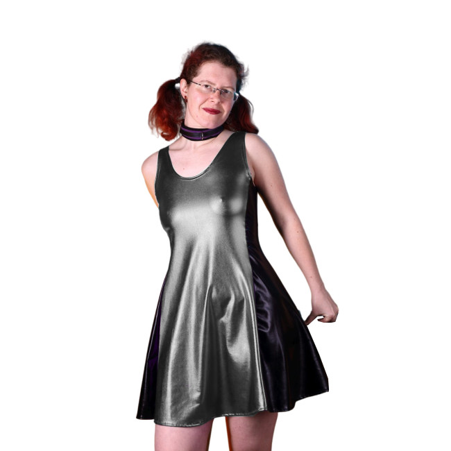 Shiny Sexy Women Tank Scoop Neck Black Patchwork Metallic Faux Leather Pleated A-line Skater Dress Party Club Night Dress S-7XL