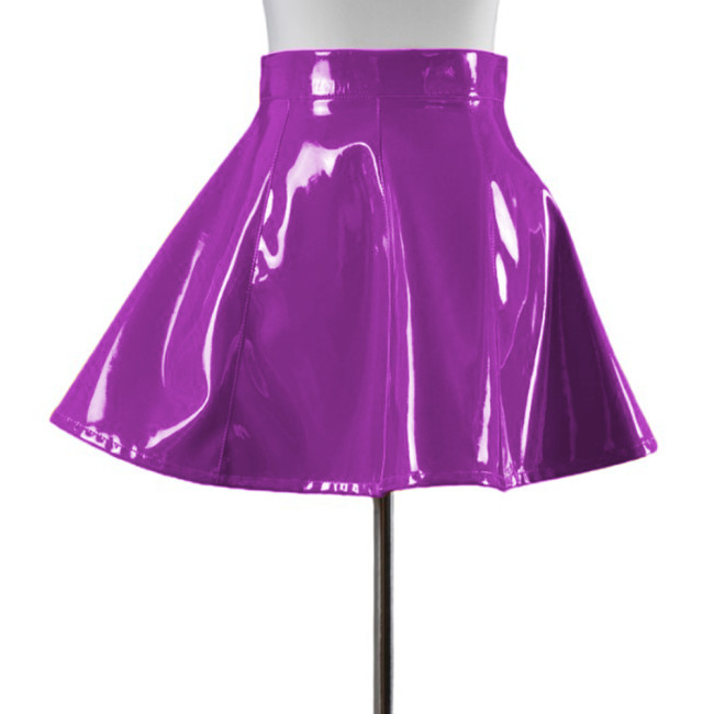 Punk Sexy Sweet Glazing PVC Leather High Waist A line Mini Skirts Women Button with Zip Skater Skirt Girls High Street Club 7XL