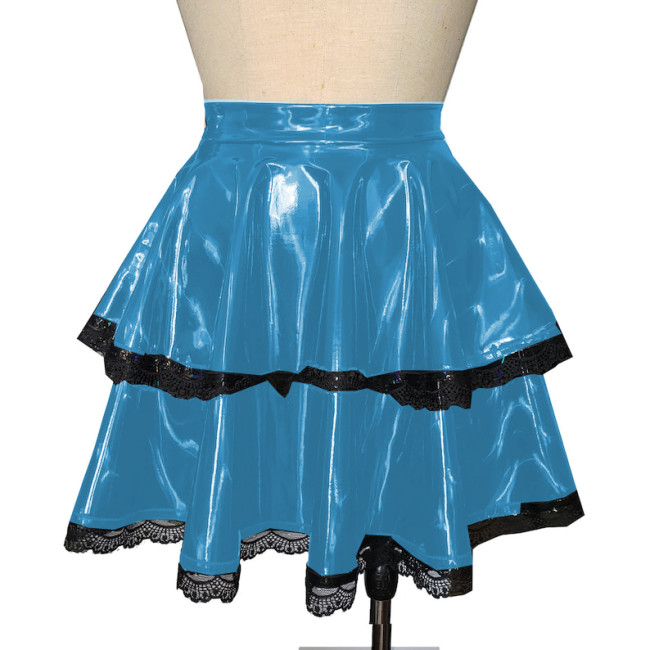 Shiny PVC Leather High Waist Mini Skirt Women Sexy Lace Macrame Two-layer Mini Skirt Sweet Sexy Party Club Punk Gothic S-7XL
