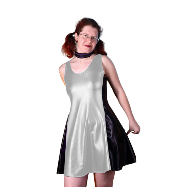 Shiny Sexy Women Tank Scoop Neck Black Patchwork Metallic Faux Leather Pleated A-line Skater Dress Party Club Night Dress S-7XL
