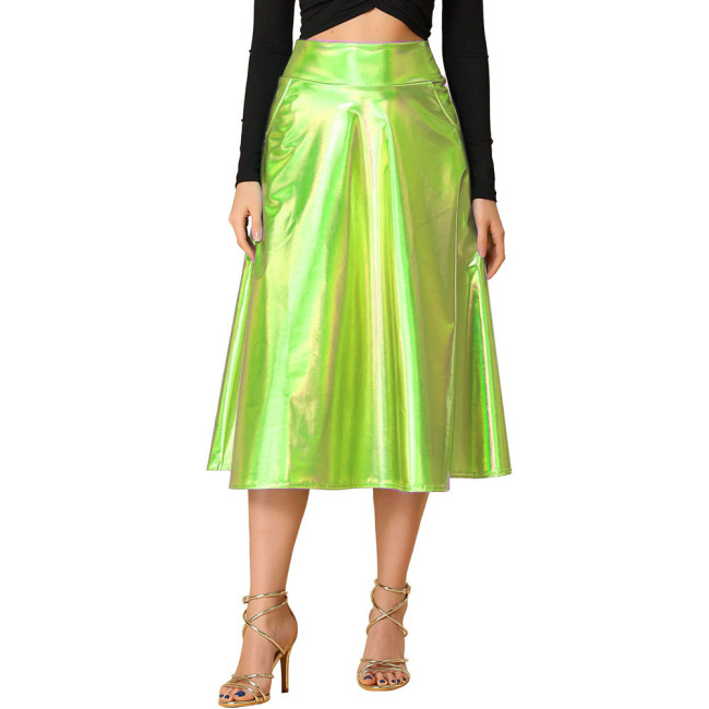 Womens Hologram Laser Midi Skirts Ofiice Lady Casual High Waist Flare Skirt Cocktail Party Pole Dancewear Shiny Ruffle Skirts