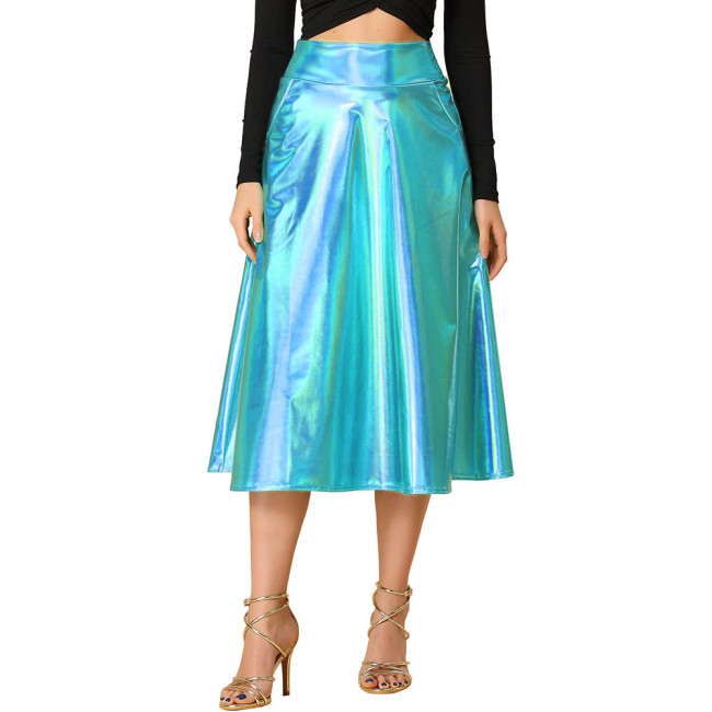 Womens Hologram Laser Midi Skirts Ofiice Lady Casual High Waist Flare Skirt Cocktail Party Pole Dancewear Shiny Ruffle Skirts