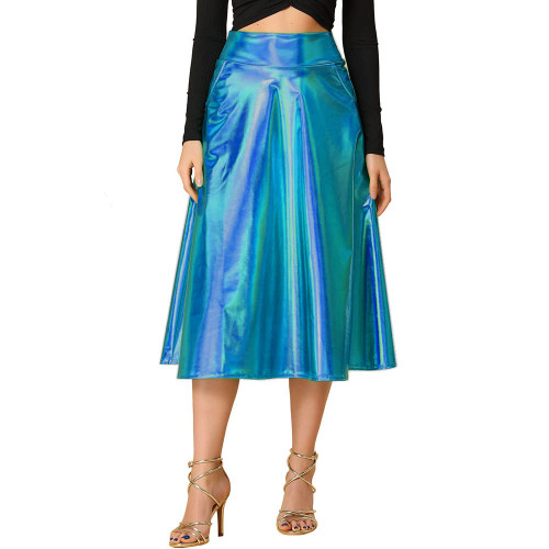 Womens Hologram Laser Midi Skirts Ofiice Lady Casual High Waist Flare Skirt Cocktail Party Pole Dancewear Shiny Ruffle Skirts