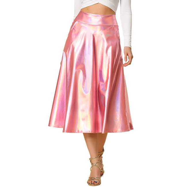 Womens Hologram Laser Midi Skirts Ofiice Lady Casual High Waist Flare Skirt Cocktail Party Pole Dancewear Shiny Ruffle Skirts