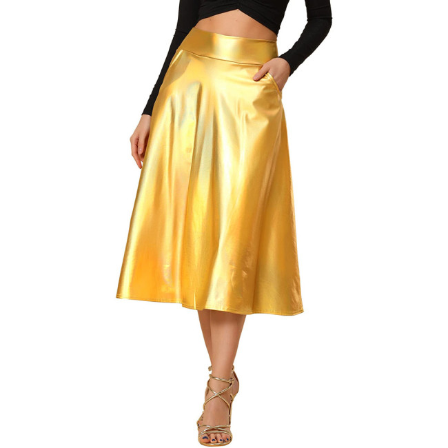 Womens Hologram Laser Midi Skirts Ofiice Lady Casual High Waist Flare Skirt Cocktail Party Pole Dancewear Shiny Ruffle Skirts