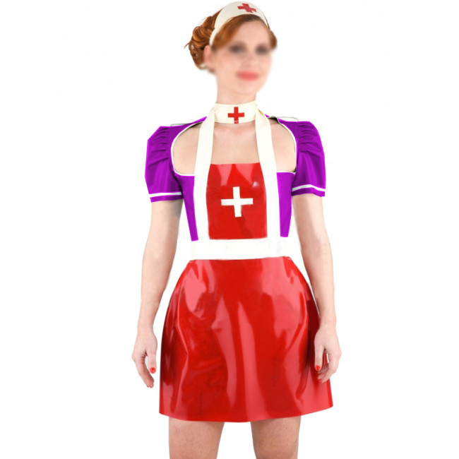 Exotic Sexy Hollow Out Cosplay Nurse Sets Glossy PVC Leather Short Puff Sleeve Nurse Uniforms Lady Pencil Dress Medical Costumes