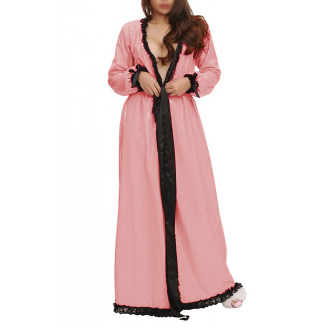 Sexy Womens Shiny PVC and Satin Long Nightdress Black Lace Lingerie Nightgown Double Layer Long Gown Fantasy Sleepwear Robe