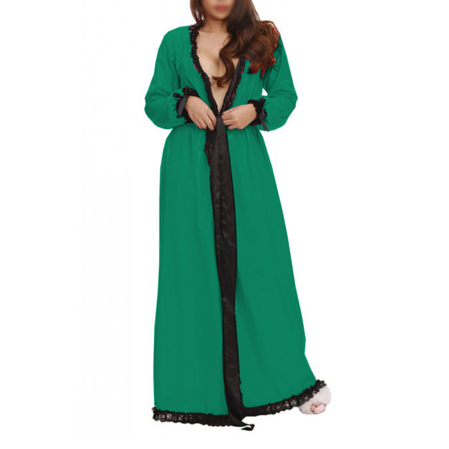 Sexy Womens Shiny PVC and Satin Long Nightdress Black Lace Lingerie Nightgown Double Layer Long Gown Fantasy Sleepwear Robe