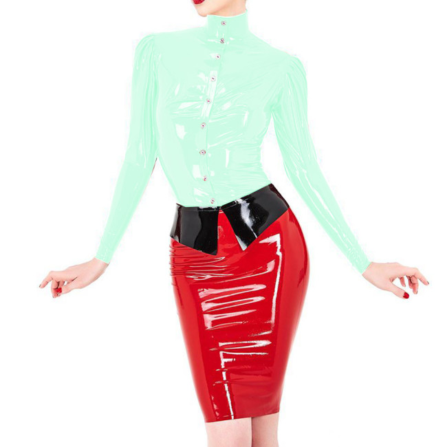 Glossy PVC Leather High Neck Slim Shirt Puff Long Sleeve Button-up Shirts Womens Blouse Office Lady Tops Party Club Wear S-7XL