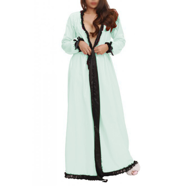 Sexy Womens Shiny PVC and Satin Long Nightdress Black Lace Lingerie Nightgown Double Layer Long Gown Fantasy Sleepwear Robe