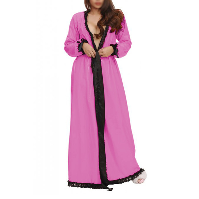 Sexy Womens Shiny PVC and Satin Long Nightdress Black Lace Lingerie Nightgown Double Layer Long Gown Fantasy Sleepwear Robe