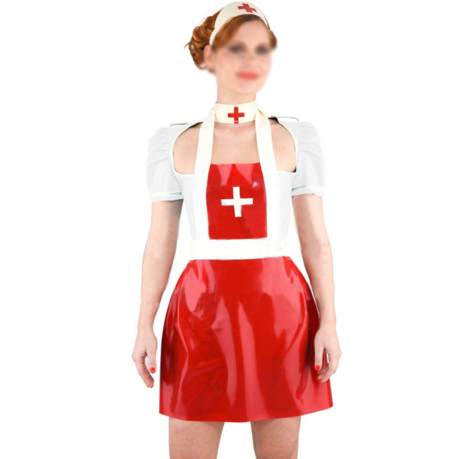 Exotic Sexy Hollow Out Cosplay Nurse Sets Glossy PVC Leather Short Puff Sleeve Nurse Uniforms Lady Pencil Dress Medical Costumes