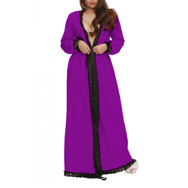 Sexy Womens Shiny PVC and Satin Long Nightdress Black Lace Lingerie Nightgown Double Layer Long Gown Fantasy Sleepwear Robe