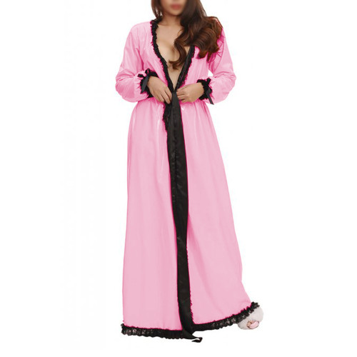 Sexy Womens Shiny PVC and Satin Long Nightdress Black Lace Lingerie Nightgown Double Layer Long Gown Fantasy Sleepwear Robe