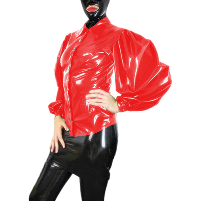 Punk Gothic Faux PVC Leather Solid Color Shirts Mens Womens Long Bubble Sleeve Turn-down Collar Blouse Night Club Party Costume