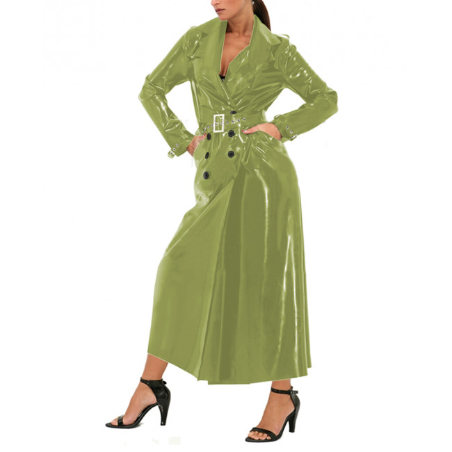 Unisex Fashion Shiny PVC Lapel Collar Long Trench Wet Look Glossy Leather Long Sleeve Coat Jacket Party Button-front Belt Trench