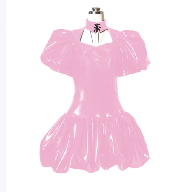 Cocktail Party Sexy High Neck Princess Dress Shiny PVC Sissy Adult Fluffy Bubble Sleeves Flared Mini Dress Vestidos Club Outfits
