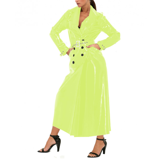 Unisex Fashion Shiny PVC Lapel Collar Long Trench Wet Look Glossy Leather Long Sleeve Coat Jacket Party Button-front Belt Trench