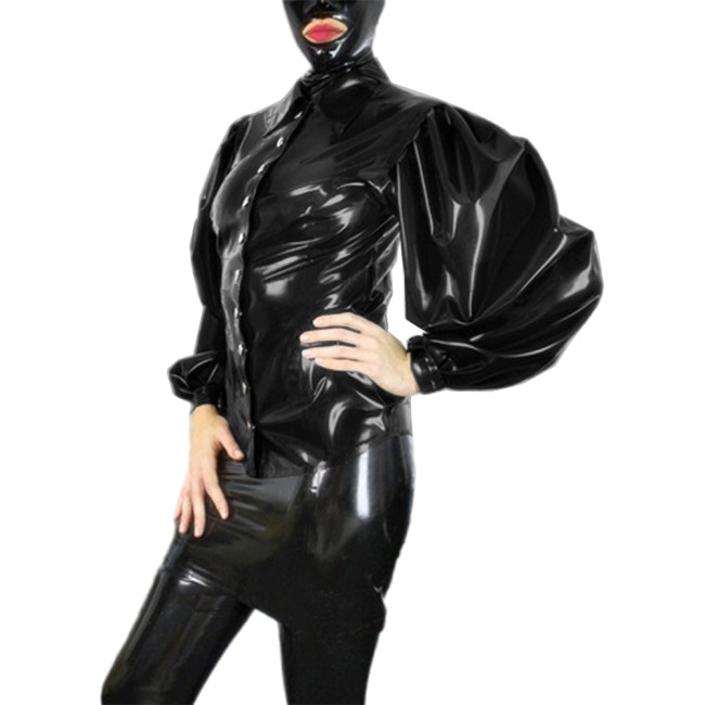 Punk Gothic Faux PVC Leather Solid Color Shirts Mens Womens Long Bubble Sleeve Turn-down Collar Blouse Night Club Party Costume