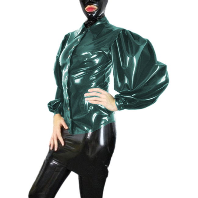 Punk Gothic Faux PVC Leather Solid Color Shirts Mens Womens Long Bubble Sleeve Turn-down Collar Blouse Night Club Party Costume