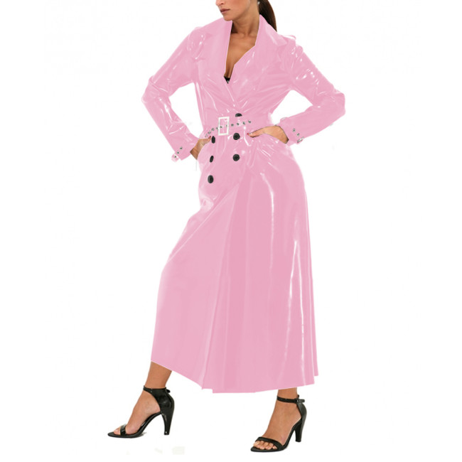 Unisex Fashion Shiny PVC Lapel Collar Long Trench Wet Look Glossy Leather Long Sleeve Coat Jacket Party Button-front Belt Trench