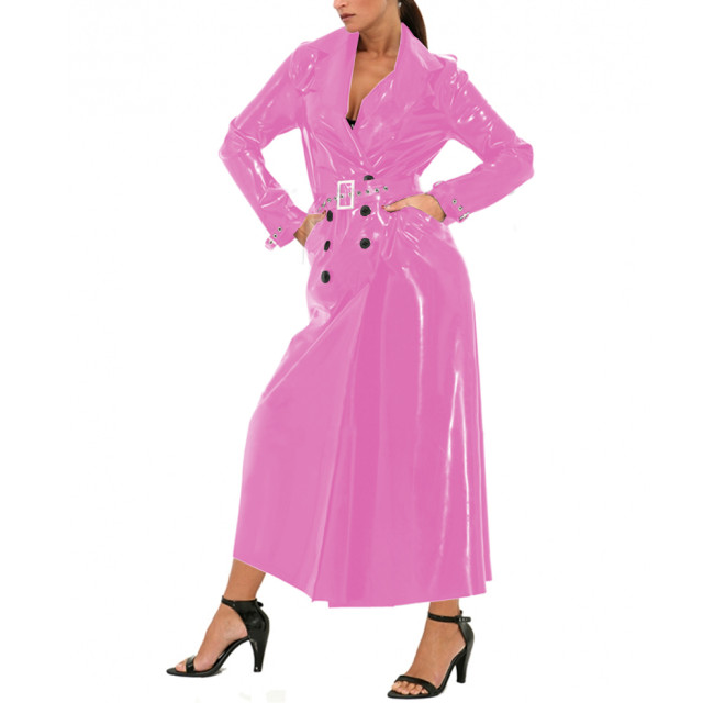 Unisex Fashion Shiny PVC Lapel Collar Long Trench Wet Look Glossy Leather Long Sleeve Coat Jacket Party Button-front Belt Trench