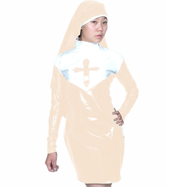 Nun Uniform Dress Cosplay Costumes PVC Leather Sexy Short Sleeve Bodycon Mini Dress With Nun Habit Headgear Fetish Sets Unisex