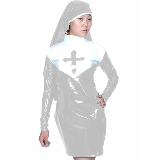 Nun Uniform Dress Cosplay Costumes PVC Leather Sexy Short Sleeve Bodycon Mini Dress With Nun Habit Headgear Fetish Sets Unisex
