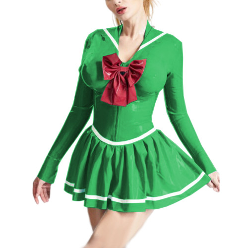 Sexy Shiny PVC Leather Sailor Uniforms Dress with Bow Long Sleeve Zipper Pleated Mini Skirts Halloween Party Cosplay Costume