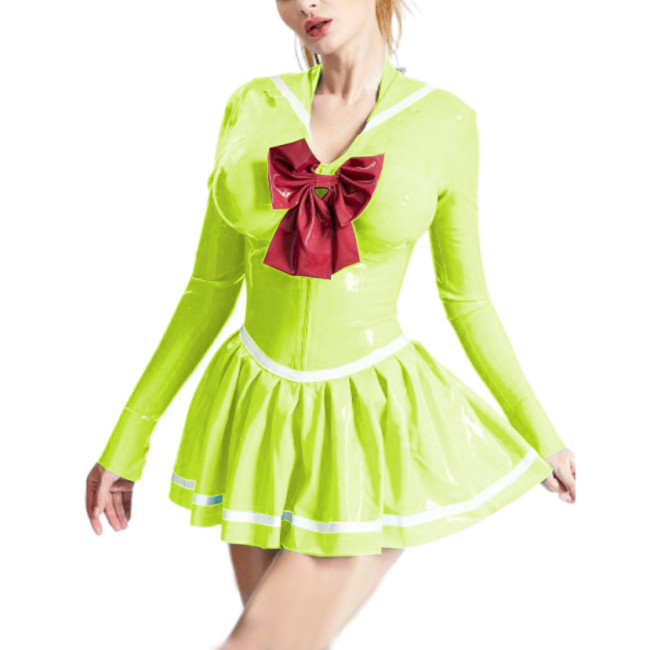 Sexy Shiny PVC Leather Sailor Uniforms Dress with Bow Long Sleeve Zipper Pleated Mini Skirts Halloween Party Cosplay Costume