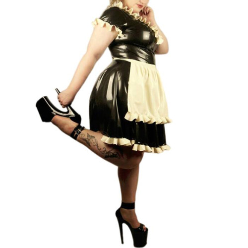 Sissy Unisex Gloosy PVC Leather Scoop Neck Ruffles Puff Sleeve Maid Dress Uniforms with Apron Mini Dress Cosplay Costume S-7XL