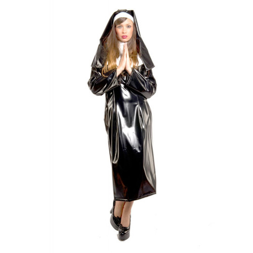 Shiny PVC Leather Exotic Cosplay Sexy Nun Costume Uniform Long Sleeve Maxi Dress Nun Habit Headgear Party Club Halloween S-7XL