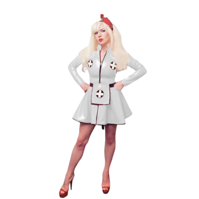 Adult Shiny PVC Apron Mini Pleated Nurse Dress Big Size Full Zipper Long Sleeve Nurse Cosplay Costume Nightclub Party Outfits