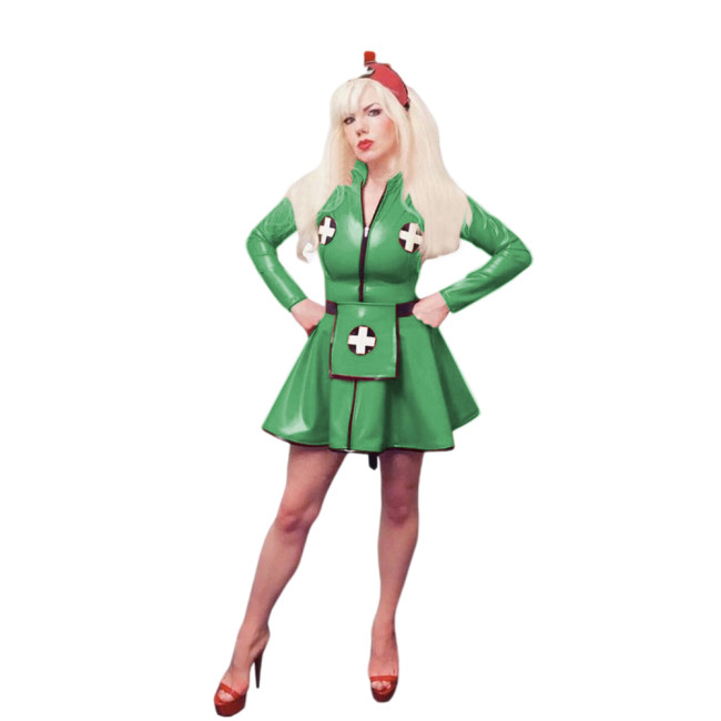 Adult Shiny PVC Apron Mini Pleated Nurse Dress Big Size Full Zipper Long Sleeve Nurse Cosplay Costume Nightclub Party Outfits