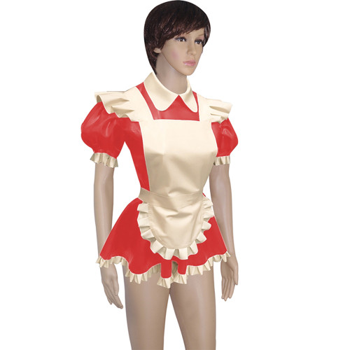 Mens Lockable Short Sleeve Turn-down Collar Maid Uniforms Sissy Glossy PVC Leather Maid Cosplay Costume Outfit Dress with Apron